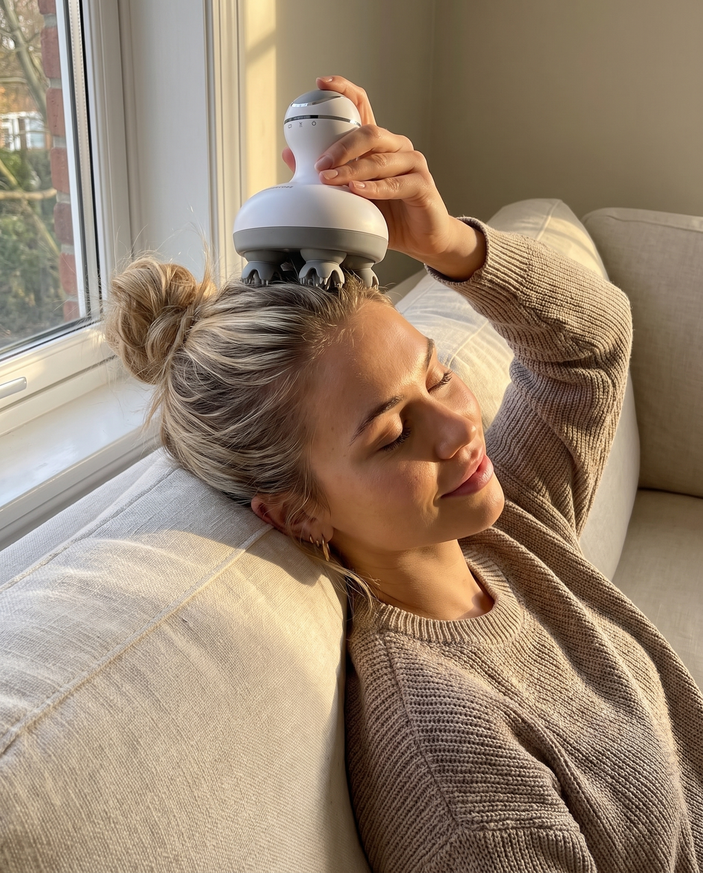 Woman relaxing on a sofa using the Head Spa scalp massager