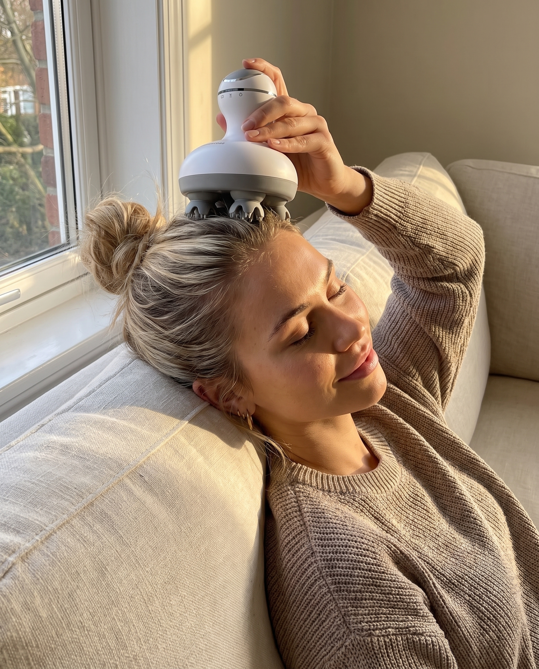 Woman relaxing on a sofa using the Head Spa scalp massager