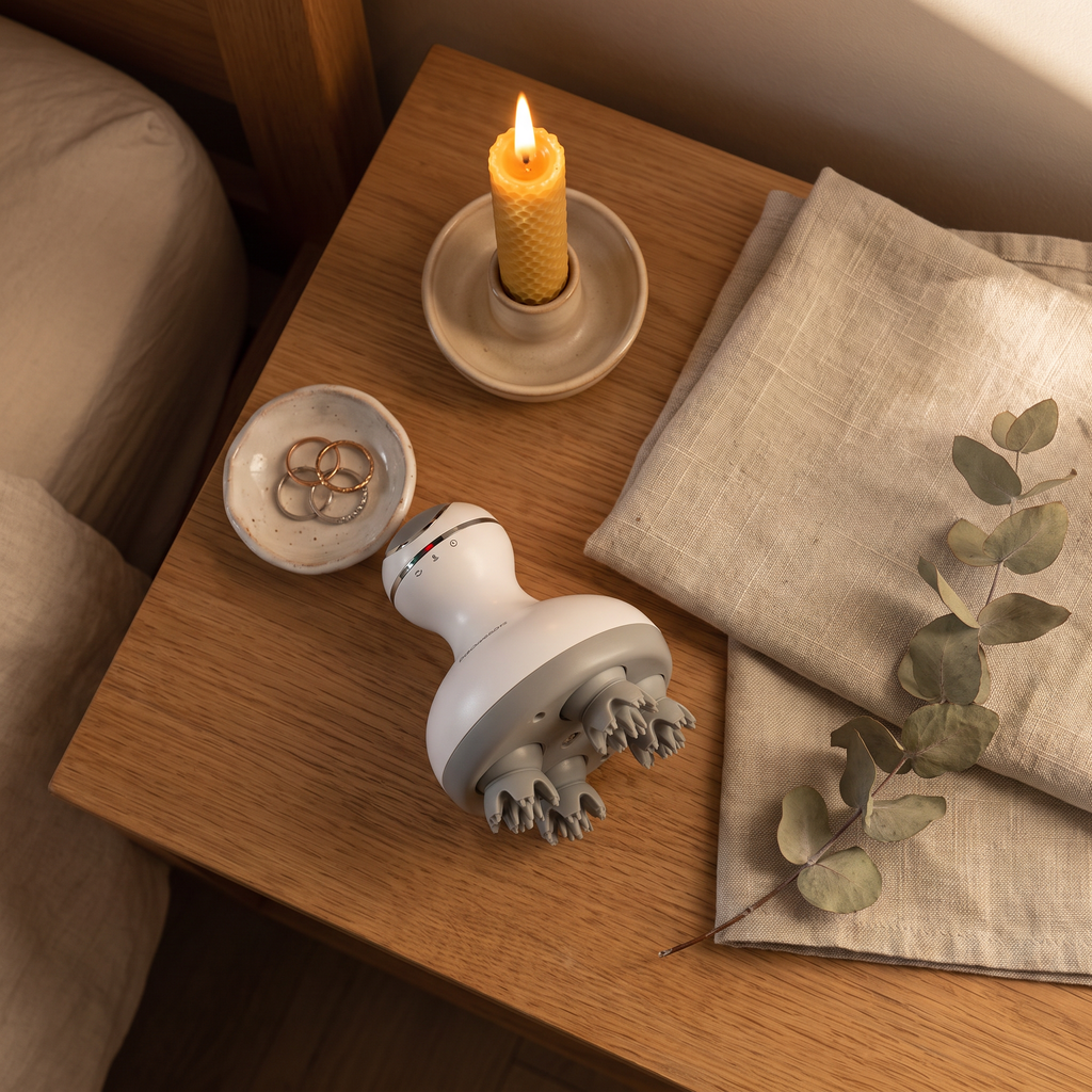 Head Spa scalp massager on a nightstand with a candle and linen