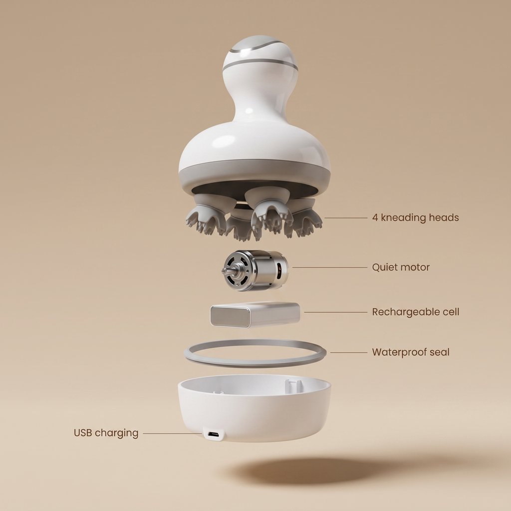 Exploded view of the Head Spa: four kneading heads, quiet motor, rechargeable cell, waterproof seal, USB charging