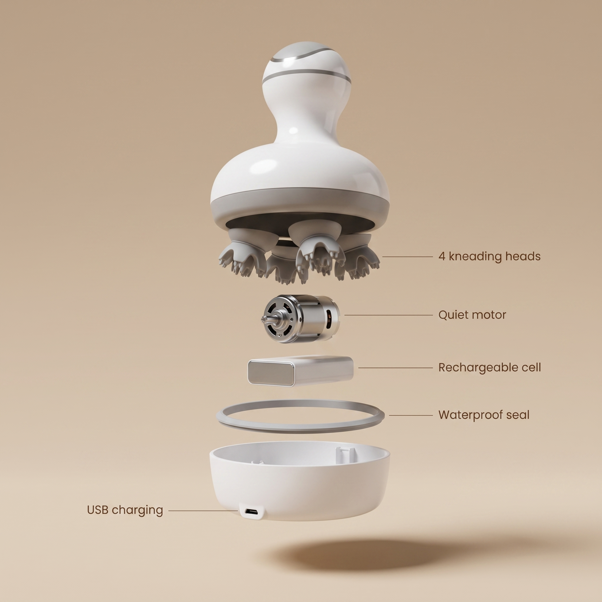 Exploded view of the Head Spa: four kneading heads, quiet motor, rechargeable cell, waterproof seal, USB charging