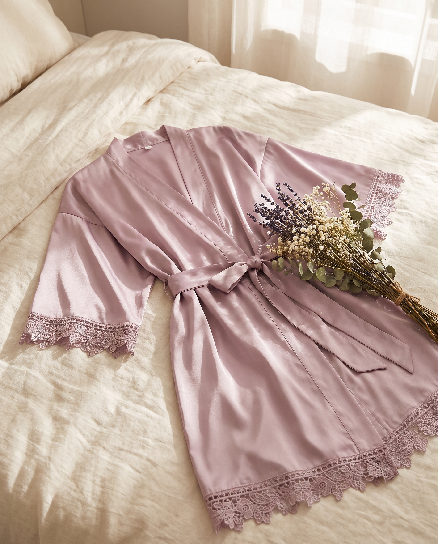 Lace-Trim Satin Robe, Mauve