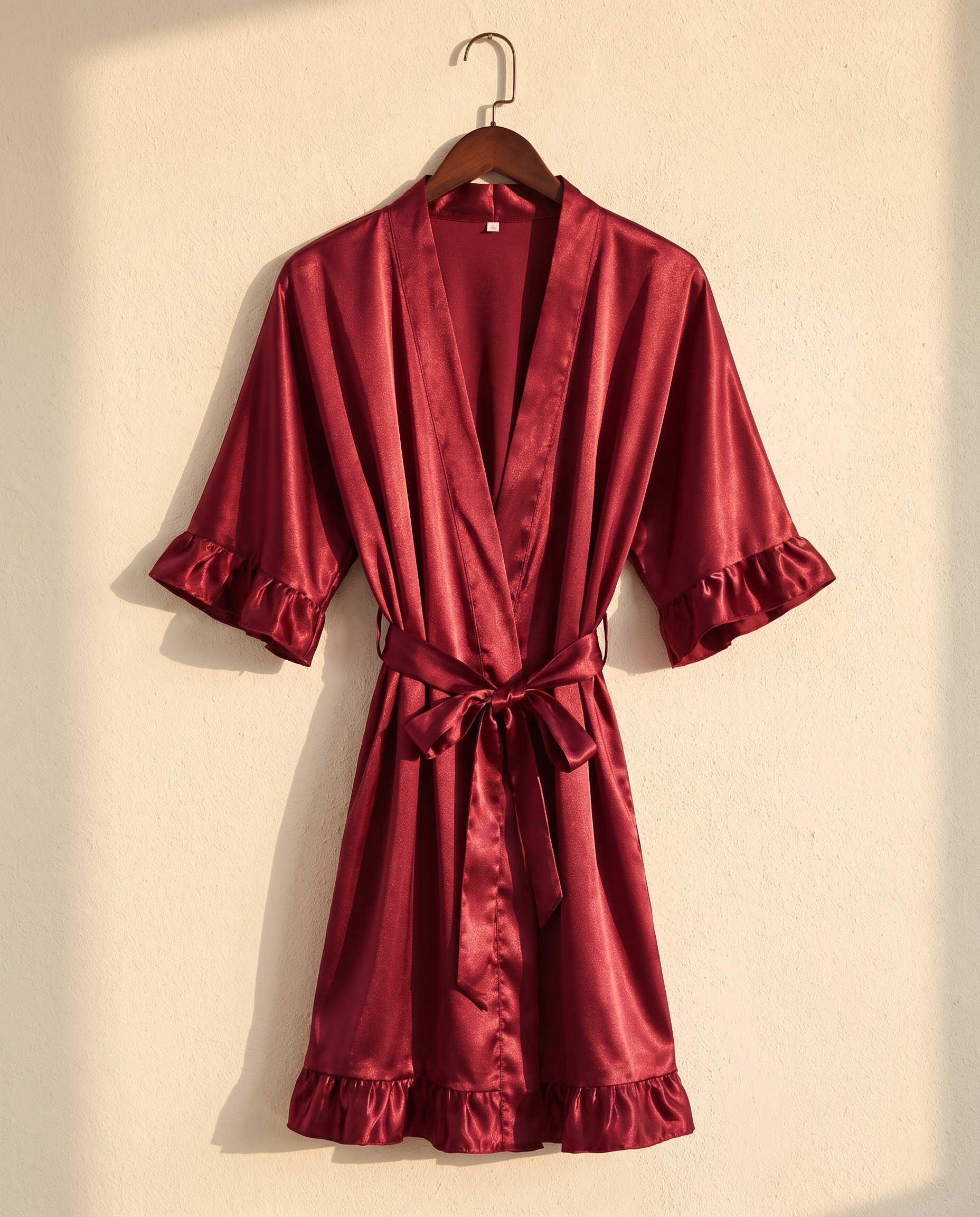 Ruffle-Hem Satin Robe, Wine