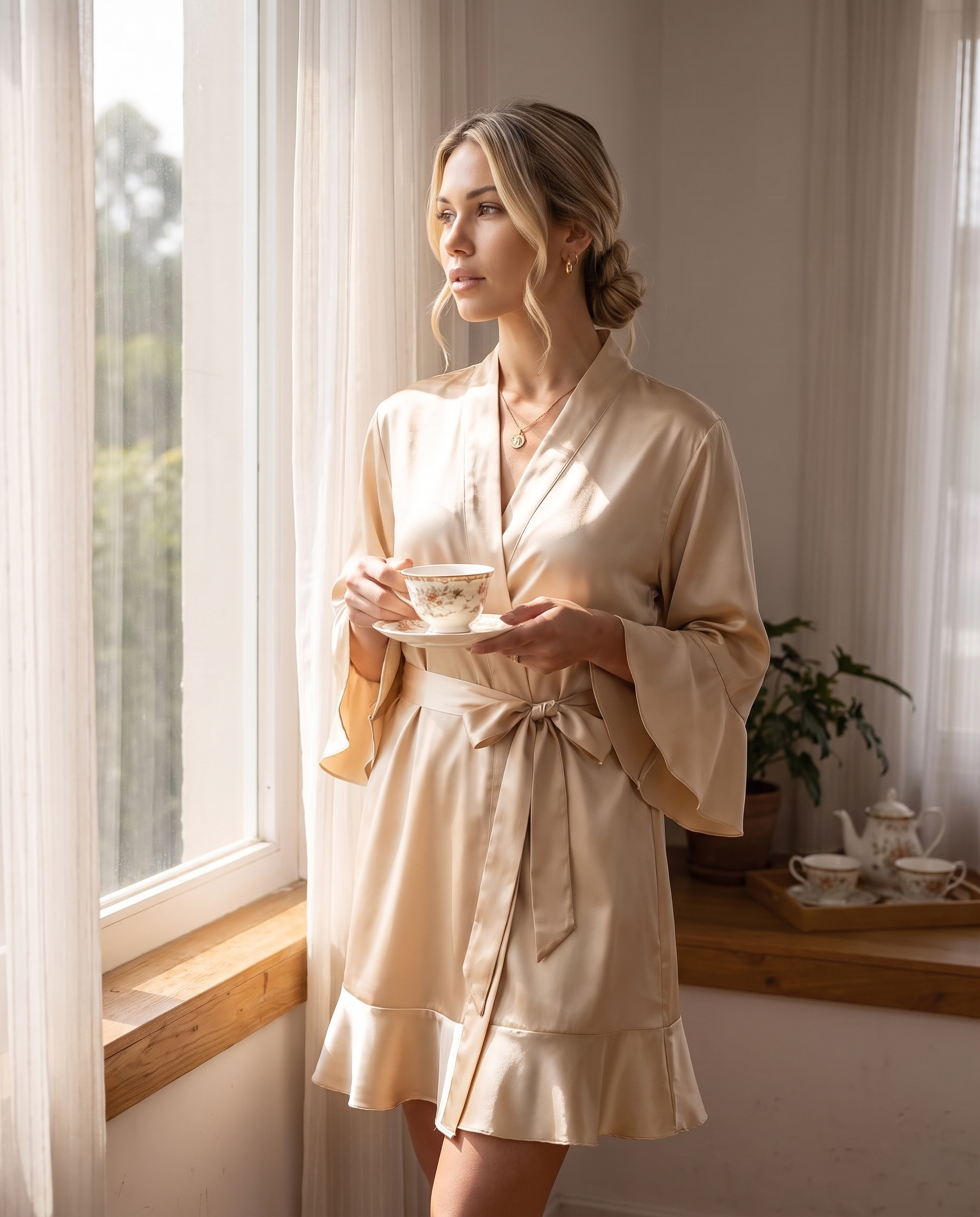 Ruffle-Hem Satin Robe, Champagne