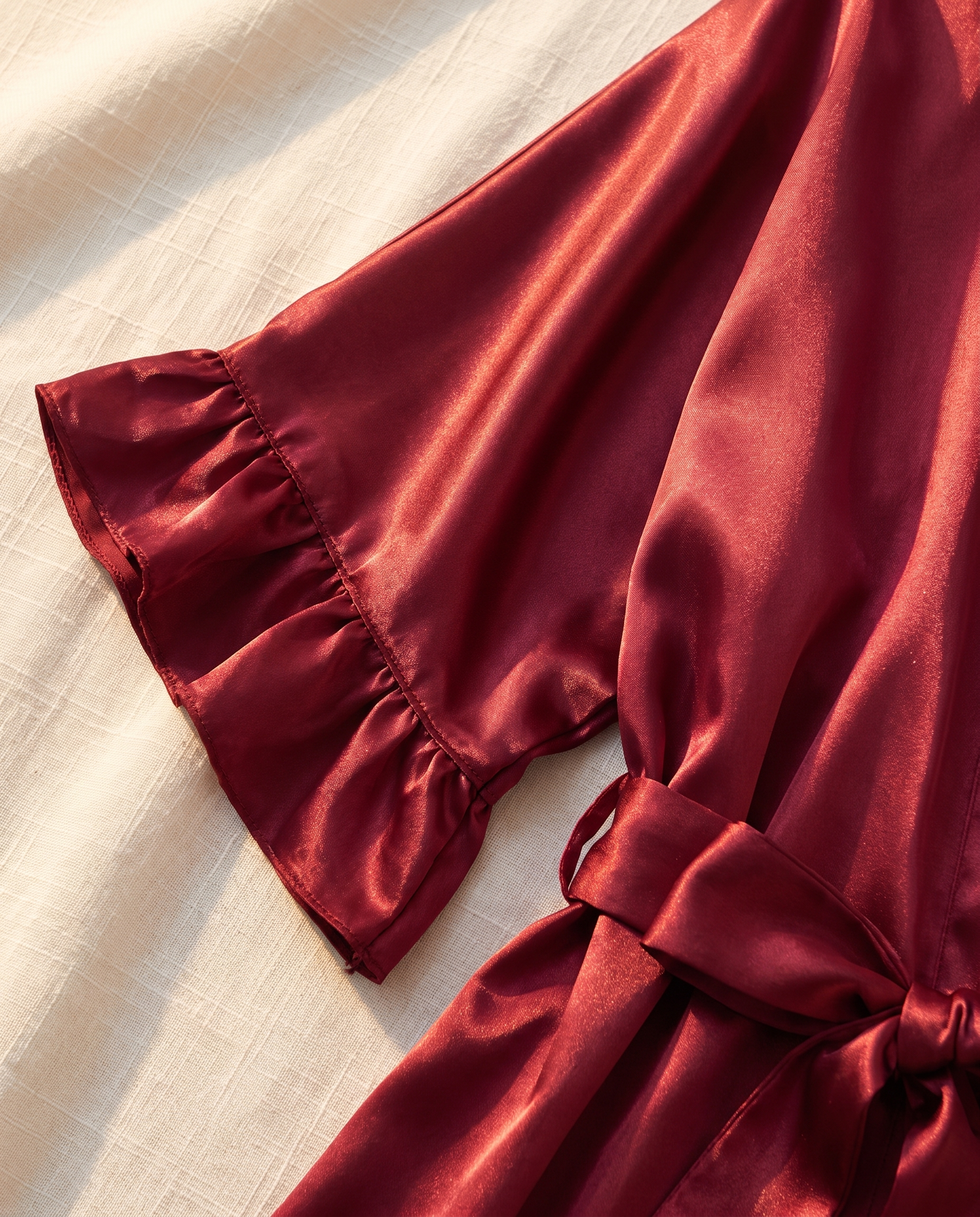 Ruffle-Hem Satin Robe, Wine