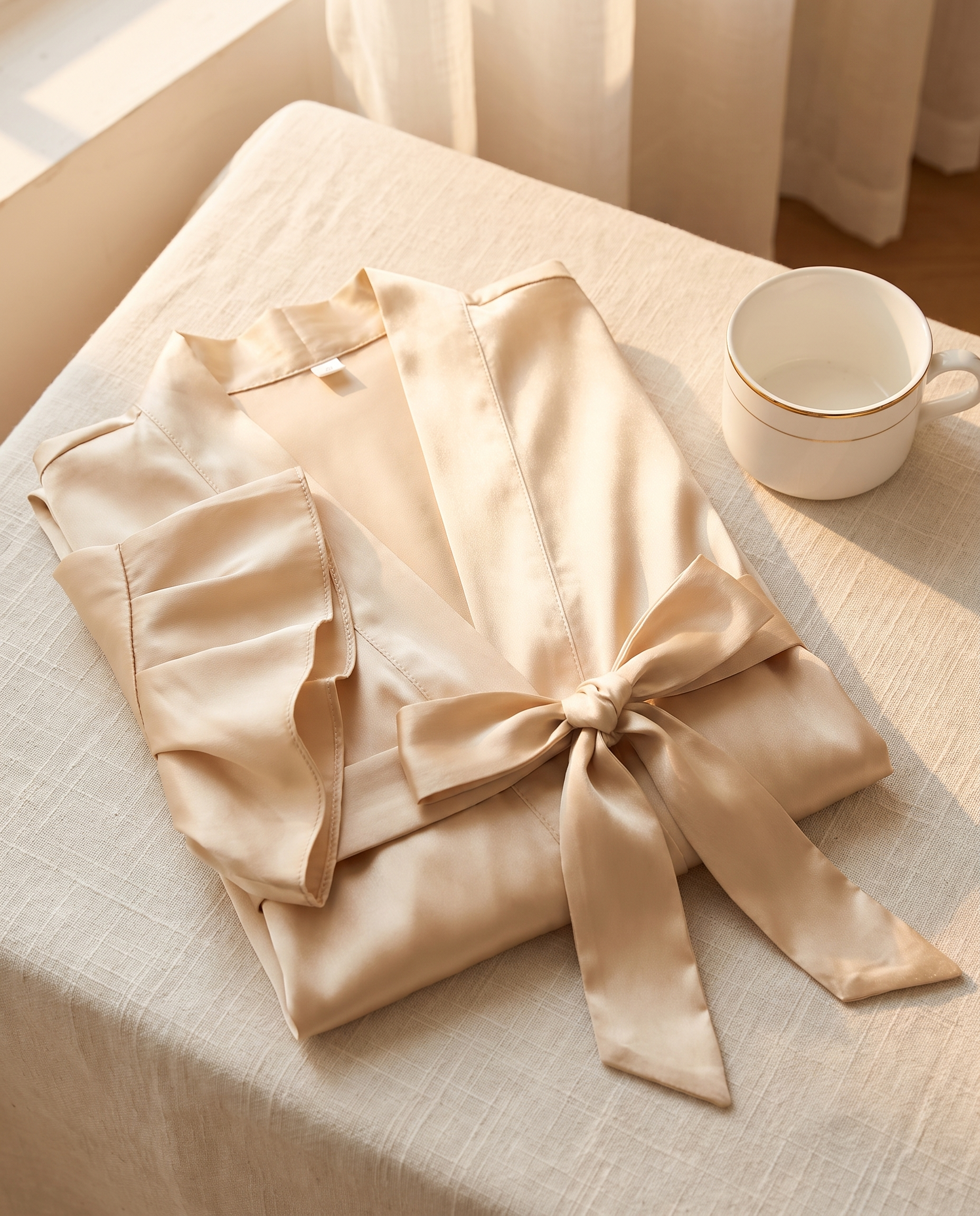 Ruffle-Hem Satin Robe, Champagne