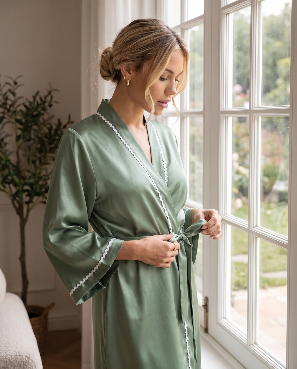 Satin Kimono Robe, Sage