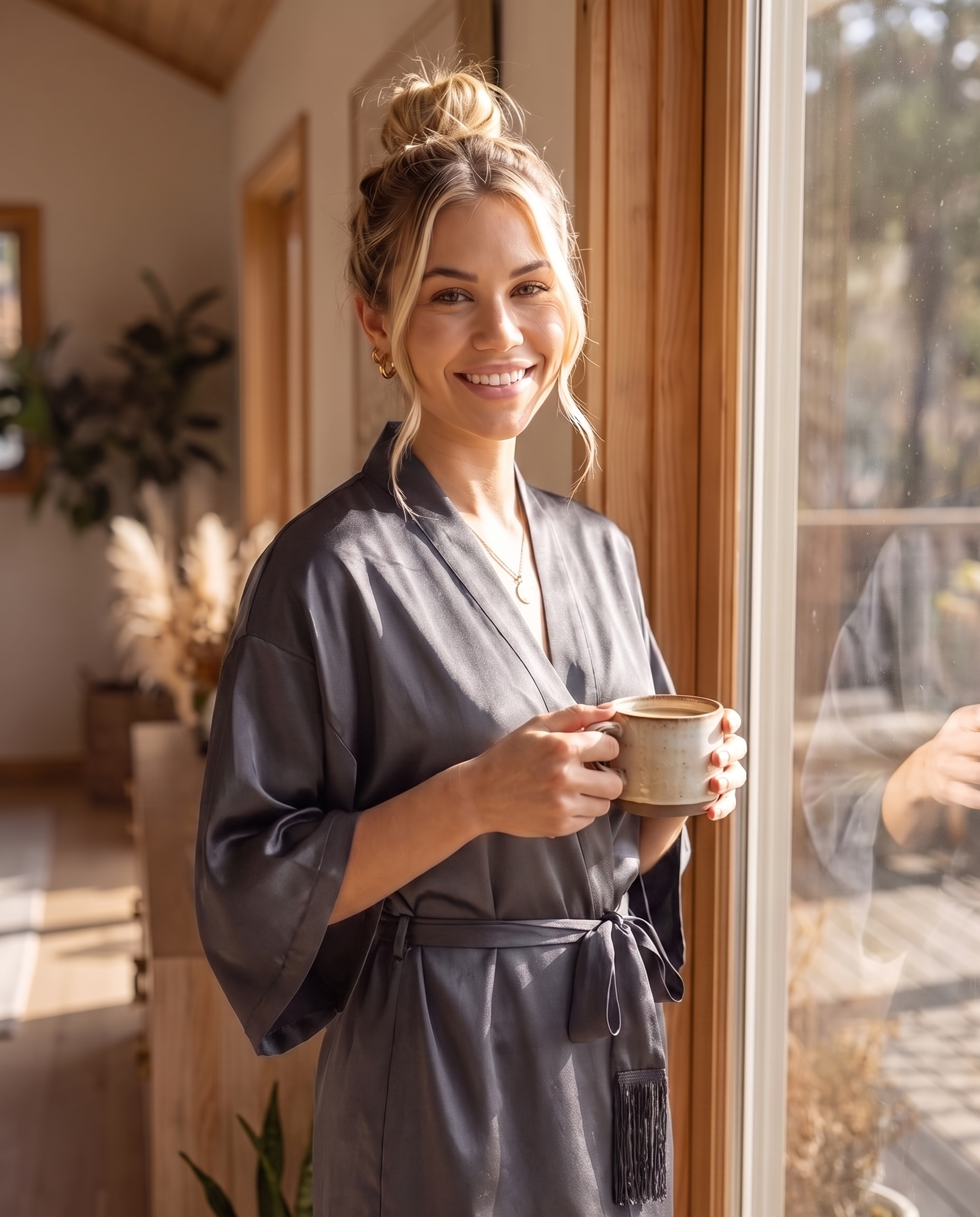 Tassel-Belt Silk Robe - Grey