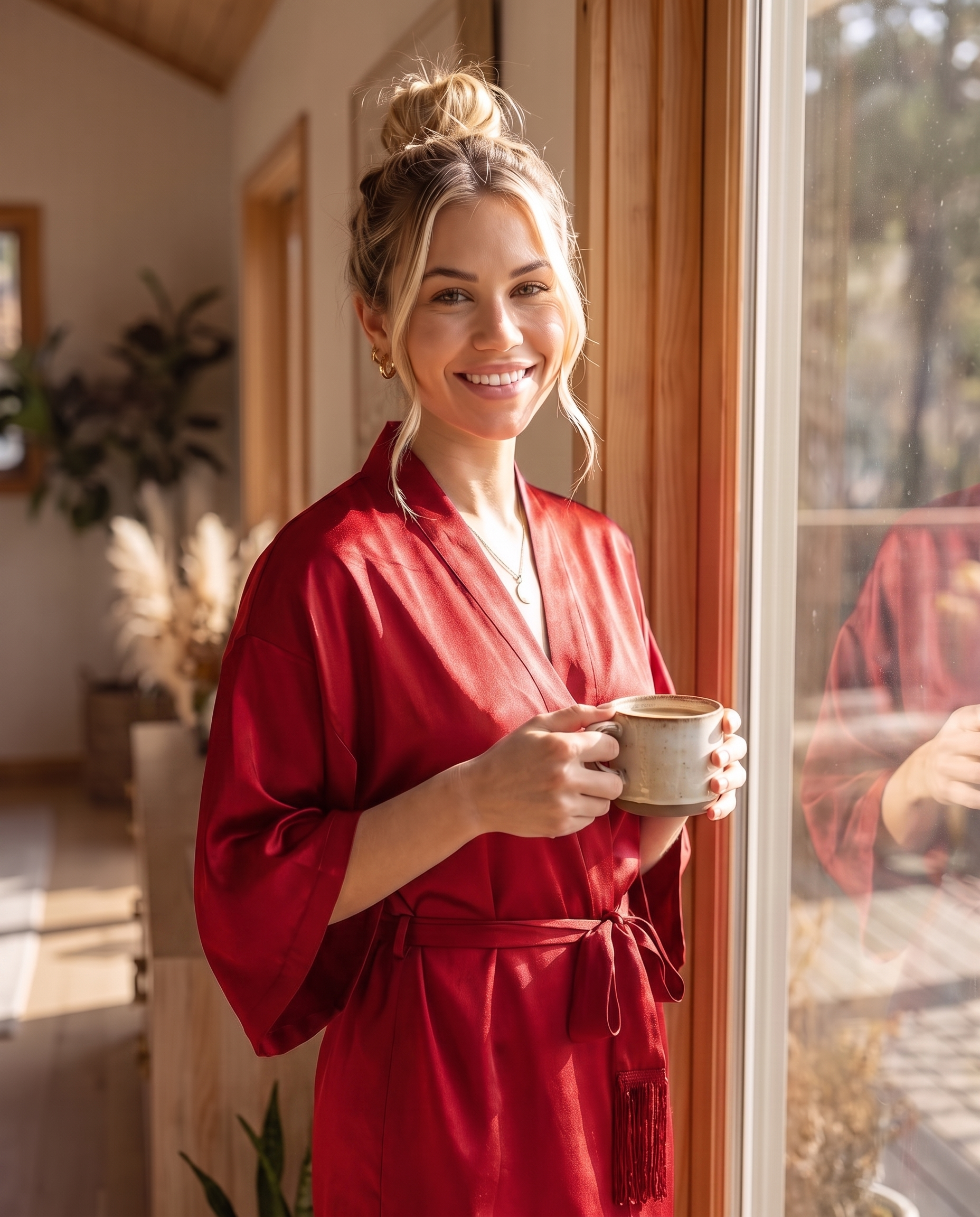 Tassel-Belt Silk Robe - Red